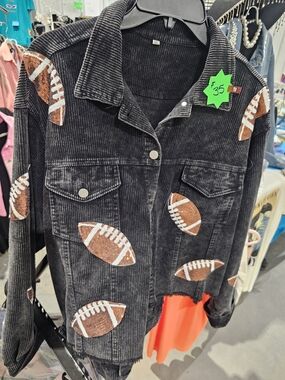 Black Corduroy Jean Jacket with Football Appliqués